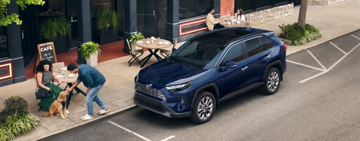 Blue 2025 Toyota RAV4 parked on the side of a city street